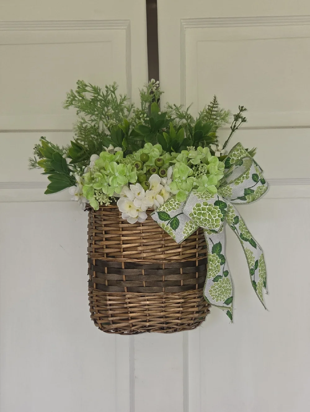 Green Hydrangea Floral Wreath Door Basket Decorative Bow Year Round Door Wreath